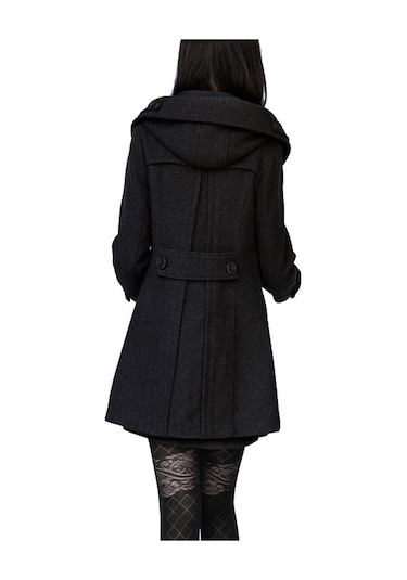 Yaka Detaylı Büyük Düğmeli Kaşe Kaban Siyah