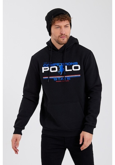 Polostate Erkek Kapüşonlu Baskılı 3 İplik Sweatshirt Siyah