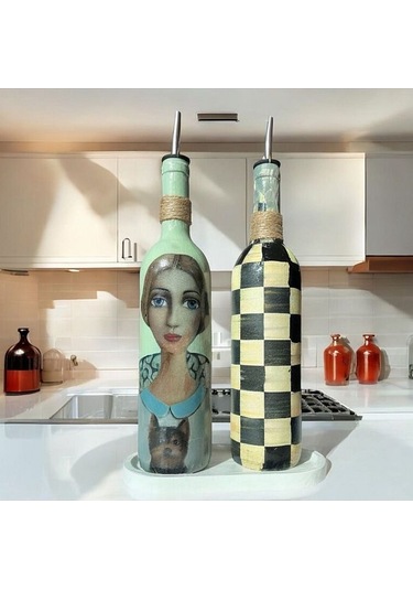 Kadın Desenli Ve Kareli 750 Ml Zeytinyağı Sıvıyağ Şişesi Yağdanlı