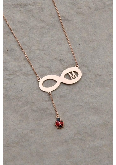 Harfli Uğur Böcekli Sonsuzluk 925 Ayar Gümüş Kolye-1564