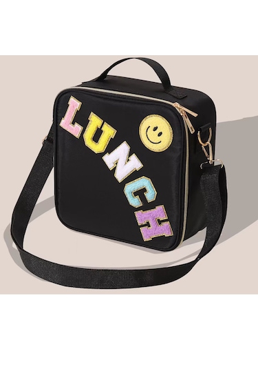 İşlemeli Mektup Yalıtımlı Öğle Yemeği Çantası-siyah