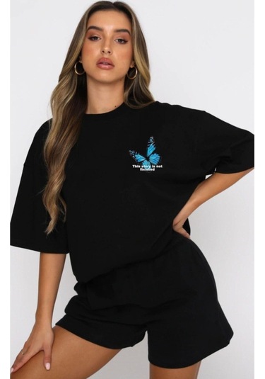 Kelebek T-shirt Şort - Siyah Alt Üst Kombin Şort Tişört Takım Baskılı Oversize Bisiklet Yaka Siyah