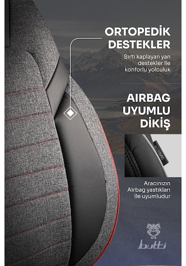 Siyah - Kırmızı Butti Lino Serisi Keten Kumaş Premium Oto Koltuk Kılıfı Ortopedik Destekli, Ön Arka Tam Set