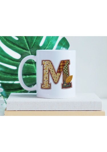 M Harfi Sonbahar Kış Temalı Yamalı Tasarım Kupa Bardak - Etnik Ve Pathwork Severlere Özel Hediye Beyaz