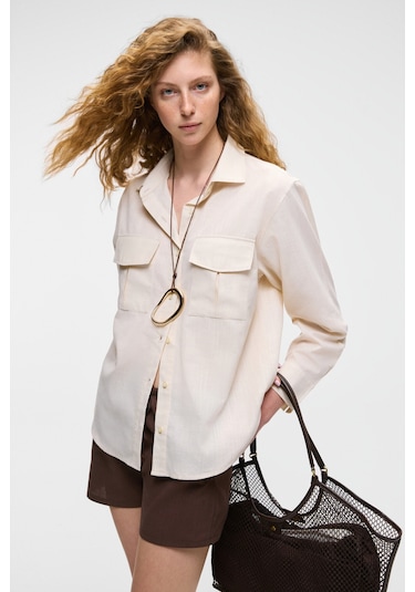 RIGO Kadın Gömlek Yaka Uzun Kol Regular Uzun İnce Krem Gömlek