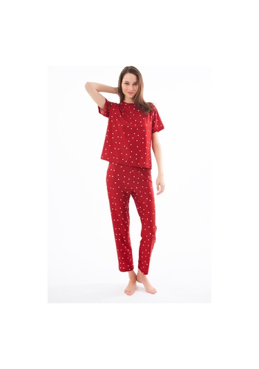 Premium Kadın Pijama Takımı Kırmızı Kalp Desenli Yumuşak Dokulu Kısa Kollu Bisiklet Yaka Kırmızı