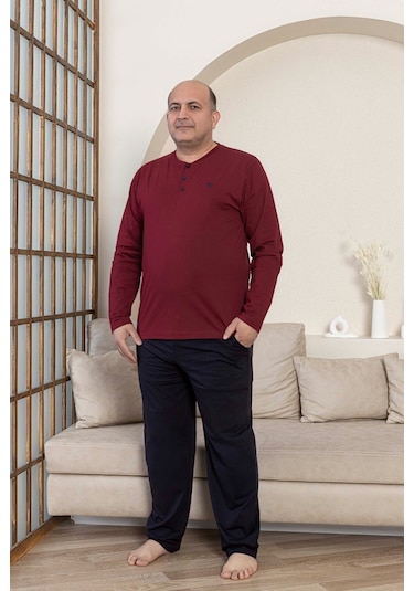 Guava Erkek Büyük Beden 3 Düğmeli %100 Pamuk Mevsimlik Uzun Kol Cepli Pijama Takımı Bordo