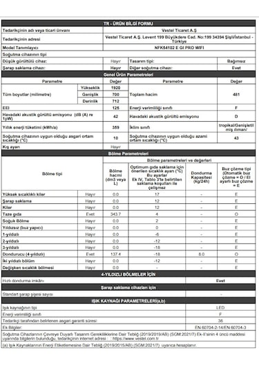 Vestel NFK54102 E GI PRO WIFI 481 LT No-Frost Kombi Tipi Buzdolabı