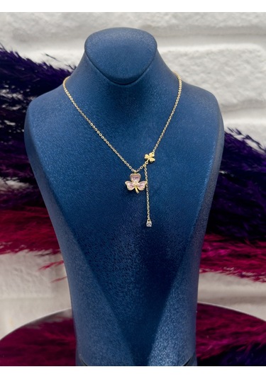 925 Ayar Gümüş Gold Renk Mineli Kelebek Modeli Zarif Kadın Kolye Gümüş