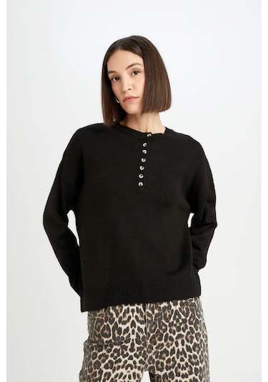 DeFacto Oversize Geniş Kalıp Düğmeli Yaka Triko Kazak D4913AXNSBK81 Siyah