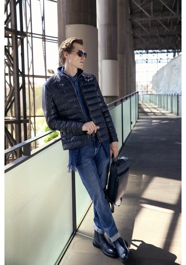 Su Geçirmez Regular Fit Erkek Şişme Suni Deri Mont Lacivert 4528 Lacivert