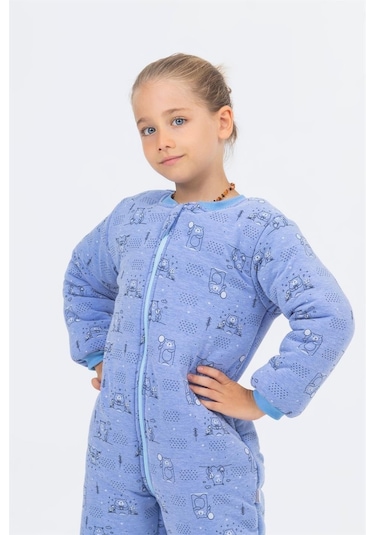Kız Erkek Çocuk Kalın Elyaf Dolgulu Premium Kalite 2.5 Tog Desenli Uyku Tulumu Mavi Melanj