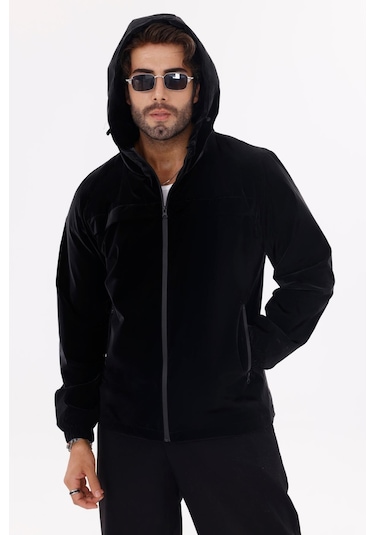 Erkek Kapüşonlu Nova Kumaş Hafif Ve Dayanıklı Şık Mevsimlik Su Ve Rüzgar Geçirmez Yağmurluk Siyah