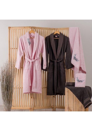 BAMBU 6 PARÇA AİLE BORNOZ SETİ NAKIŞLI PERLA PEMBE ANTRASİT Pembe