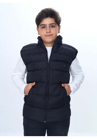 Toontoy Erkek Çocuk Su İtici Dik Yaka Fermuarlı Cepli Şişme Yelek Siyah
