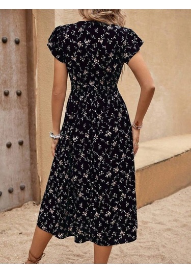 Kadın Kısa Kollu V Yakalı Beli Lastikli Çiçek Desenli Süprem Elbise Siyah