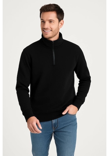 Erkek Dik Yaka Sweatshirt Dik Yaka Yarım Fermuarlı 3 İplik Şardonlu Pamuk Kumaş - Siyah Çok Renkli