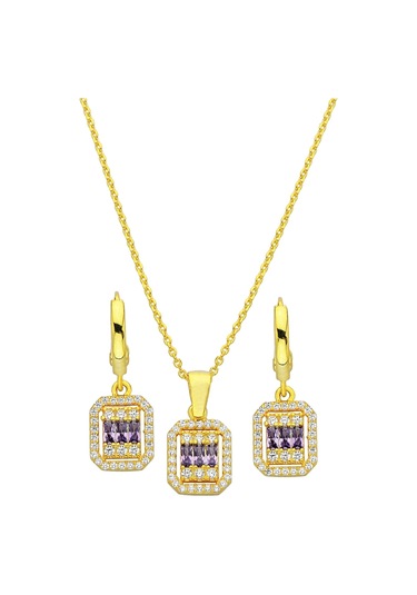 Mor Baget Taşlı 925 Ayar Gümüş 18k Altın Kaplamalı Set - 67019901 Altın
