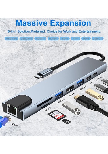 Type C To Hdmi Usb 3.0 Sd Microsd 8 İn 1 Kart Rj45 Ethernet Çevir