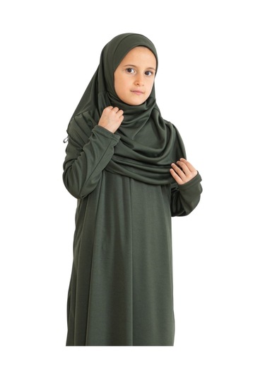 İki Parça Çocuk Elbisesi Seti Eşarp İle Takım Haki