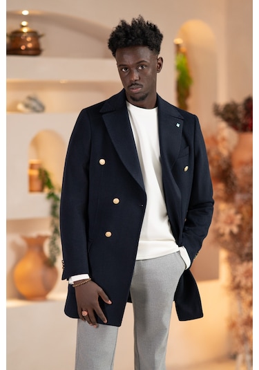 Paul Martin İtalyan Yaka Yünlü Kruvaze Kaşe Kaban Lacivert