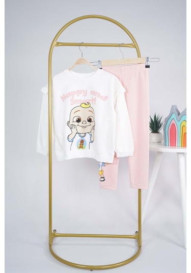 Kız Çocuk Happy And Smart Baskılı Pamuk Taytlı Takım Ekru