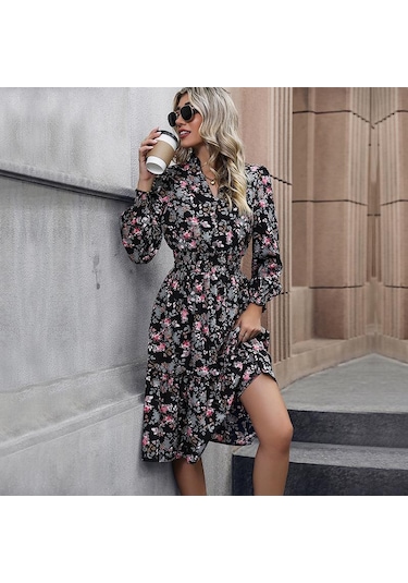 Bahar Kadın Elbise Mizaç Zarif Baskılı Uzun Kollu Çiçekli Elbise Açık Mavi