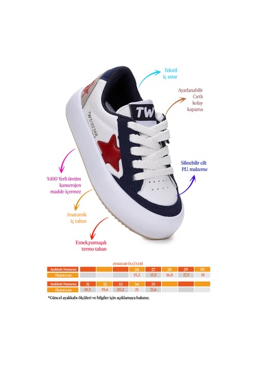 Kiko Kids Rida Günlük Cırtlı Bağcıklı Erkek Çocuk Spor Ayakkabı Beyaz - Lacivert - Kırmızı Beyaz - Lacivert - Kırmızı