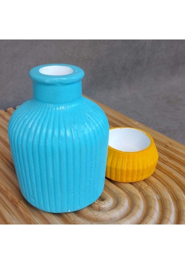 Uretti - Pınar 2572 1733 El Yapımı Vazo Ve Tealight Mumluk 2'li Dekoratif Set Mavi - Sarı