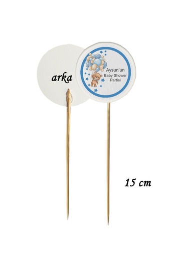 15 Cm Uzun Kürdan - 20 Adet Kişiye Özel Baskılı Mavi Baby Shower Partisi Pasta Kürdanı -1
