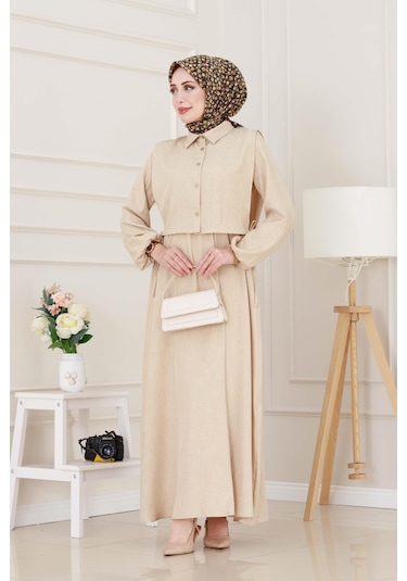 Yanları Bağlamalı Elbiseli Takım-bej-5022 Bej