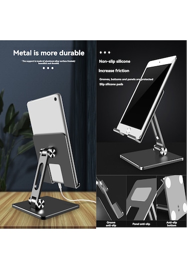 Monyee Gri Alüminyum Evrensel Cihaz Tutucu: Masaüstü Telefon/tablet İçin Katlanabilir, 180 Açı Ayarlanabilir, Yükleme Portu Desteği