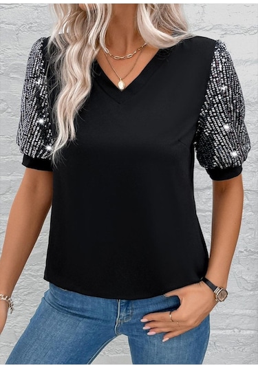 Kadın Kısa Kollu V Yakalı Pul Payet Detaylı Viskon Bluz Siyah