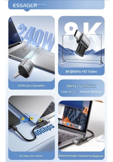 Essager Type-c To Type-c 240w 40gbps 8k+4k Usb 4.0 Ce Lisanslı Çevirici Dönüştürücü Adaptör