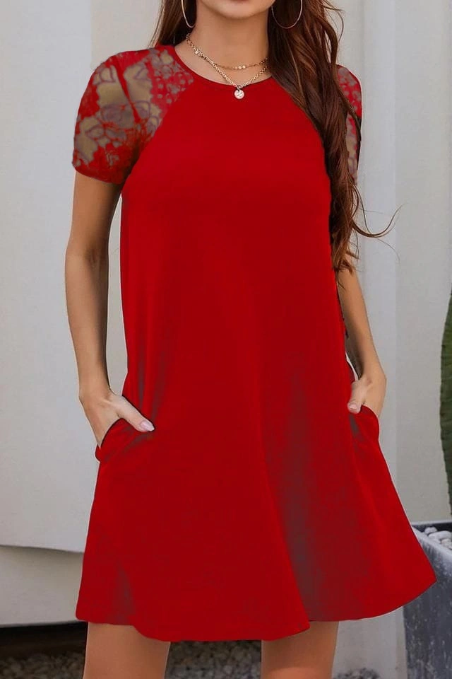 S-pazarım Kol Dantel Viskon Elbise Kırmızı