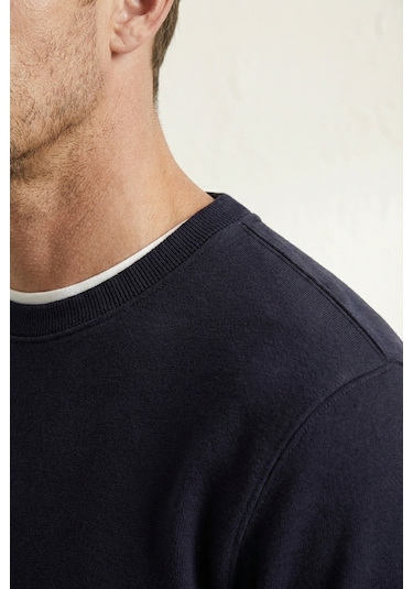 Elemge Pamuklu Erkek Sweatshirt Lacivert Soft Touch Relax Fit Basic Bisiklet Yaka 3 Iplik Nefes Alan