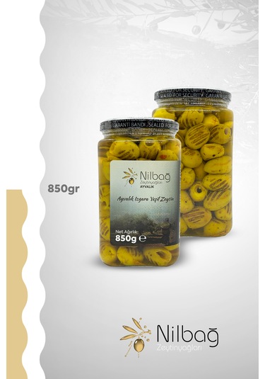 Nilbağ Zeytinyağları Ayvalık Izgara Yeşil Zeytin Cam 850 G