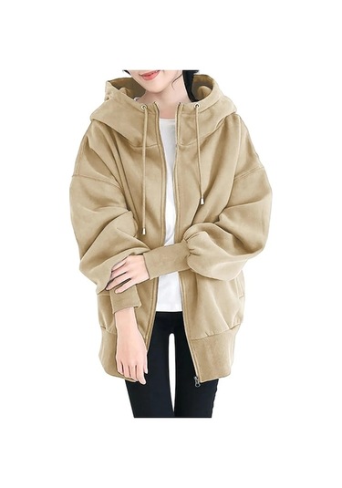 Novahub Uzun Kollu Kapüşonlu Bağcıklı Cep Fermuarlı Hırka Kazak Sweatshirt Kadın İlkbahar Ve Sonbahar Peluş Kazak Büyük Beden S-5xl Bej - M Bej