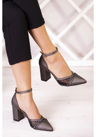 Molly Antrasit Saten Taşlı Fileli Kalın Topuklu Ayakkabı Antrasit