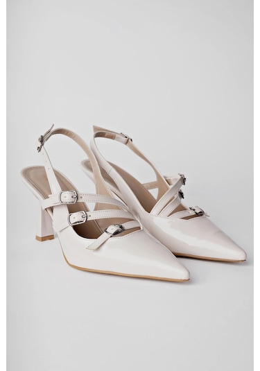 Muggo Kidman Garantili Arkası Açık Kemer Detaylı Üç Bantlı Rugan Kadın Topuklu Ayakkabı 001