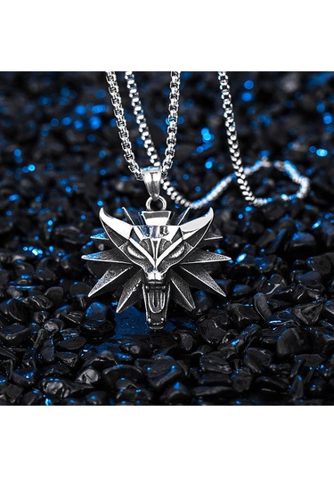 Paslanmaz Çelik Kurt Başı Titanyum Erkek Kolye Gümüş