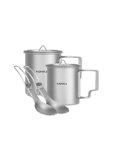 Fortunelane 300ml + 200ml Titanyum Bardak Çatal Kaşık Setli Katlanır Titan, Gümüş Renk Gümüş