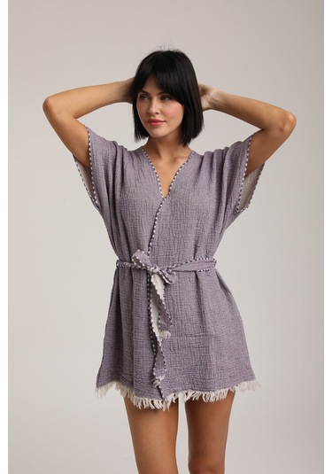 Life For Moda Kadın Kuşaklı Müslin Pareo Kimono P 80 Mor