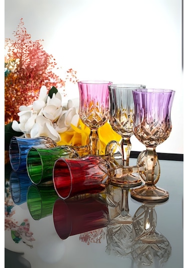 Çift Renk Organik Boya 6'lı Kristal Ayaklı Kahve Yanı Su Bardağı