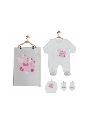 Pia Baby Gl 2005 İsme Özel Leylekli Beşli Tulum Set Krem