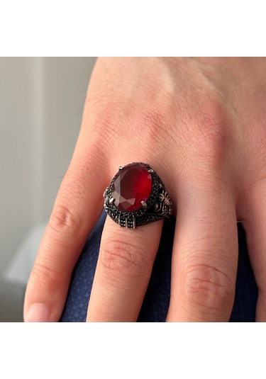 Akrep Tasarım Kırmızı Taşlı 925 Ayar Gümüş Erkek Yüzük Gümüş