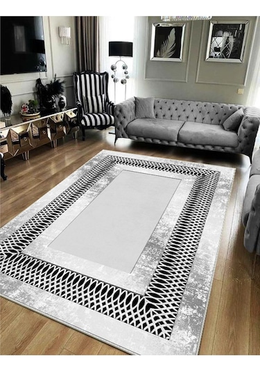 Yıkanabilir Kaymaz Taban Dekoratif Salon Mutfak Halı 11 Gri - Siyah