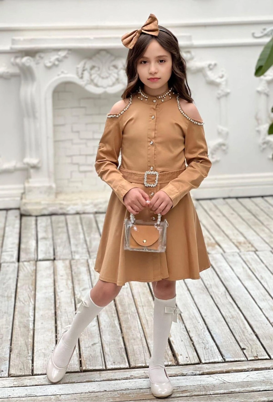 Çocuk Omuz Taşlı Püsküllü Kız Çocuk 5 Parça Kot Elbise Taba