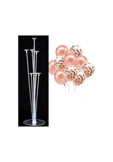 7'li Balon Standı Ve 10 Adet Rose Gold-beyaz-şeffaf Konfetili Balon Set