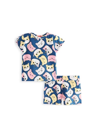 Denokids Sevimli Kediler T-shirt Şort Takım Renkli Çok Renkli